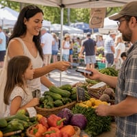 woman and child at a farmers market using a credit card to tap and pay on a vendor's phone.