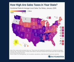 Map of the US with each state highlighted based on its combined state and average sales tax rate, with gray representing no tax, and ranging from yellow (lowest) to dark purple (highest.)