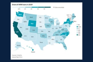 Map of the United States with shading to illustrate the percentage of Adjustable-Rate Mortgages by state, with the color deepening as the percentage increases.