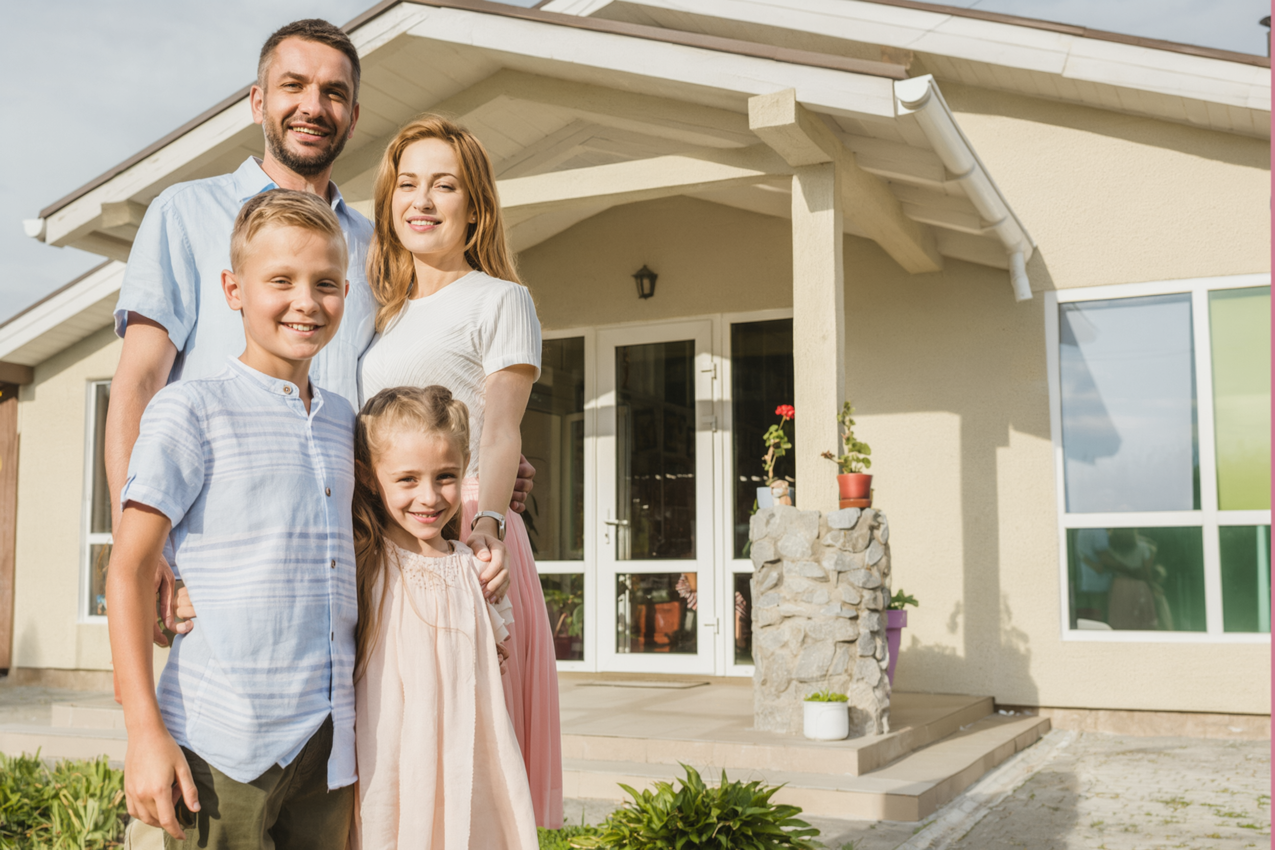 Family standing in front of new home