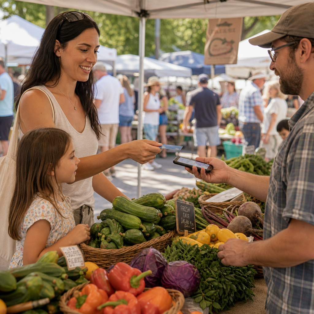 woman and child at a farmers market using a credit card to tap and pay on a vendor's phone.
