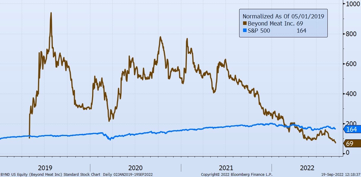 Value of Beyond Meat, Inc. is represented by a brown line and S&P 500 represented by blue line