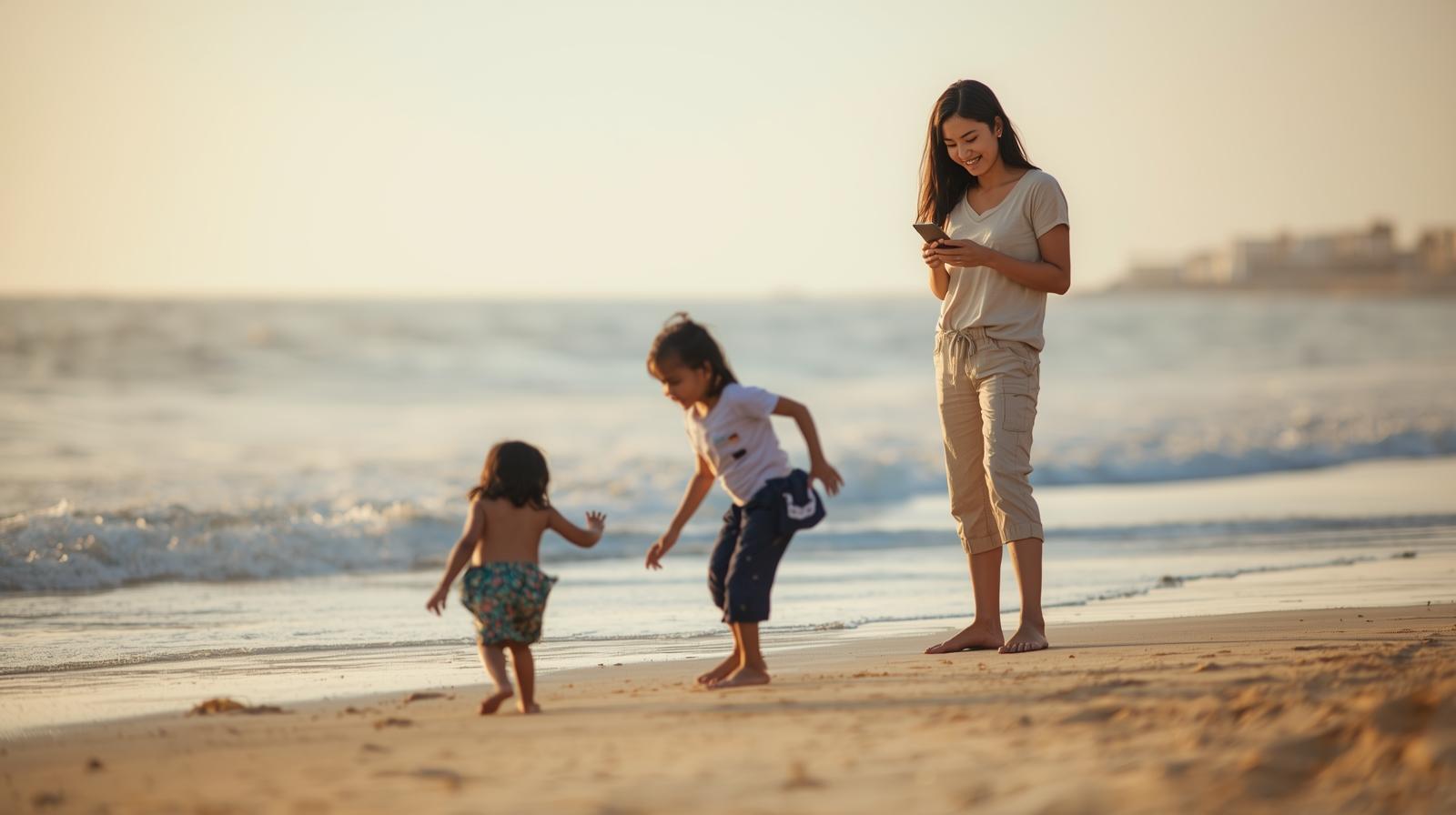 Young Asian mother at the beach, looking at her phone, while her children play on the water's edge.