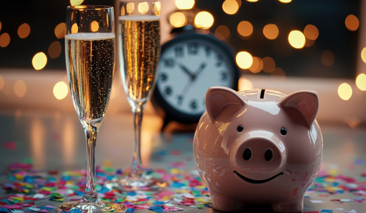 Two filled champagne flutes on a confetti-covered table with a piggy bank and a clock noting 5 minutes to midnight.