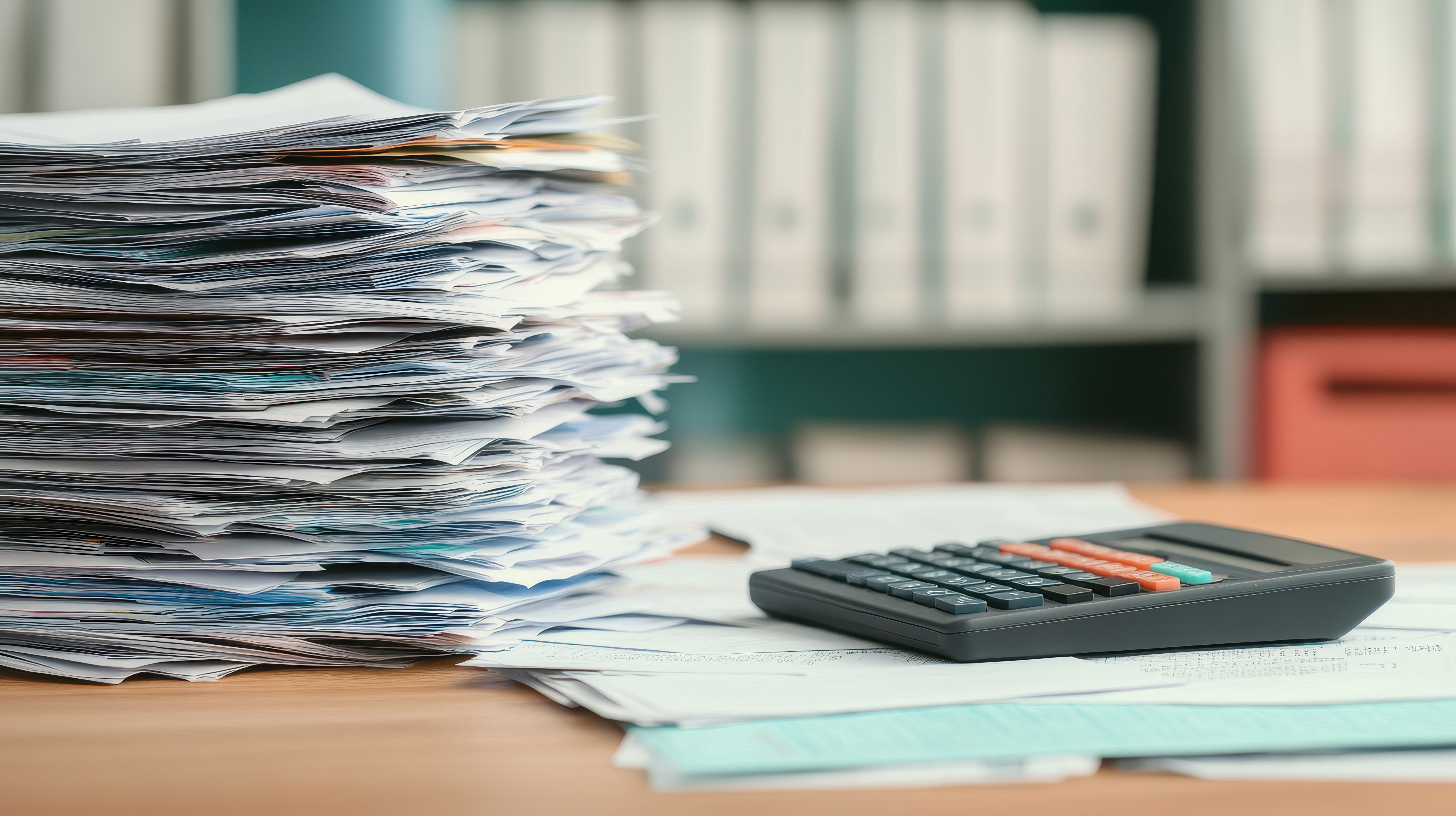 A pile of financial documents next to a calculator.