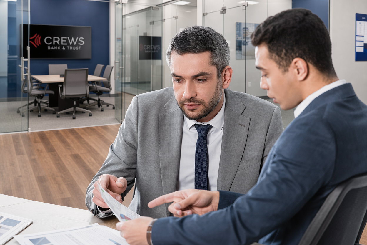 Banker and client reviewing documents at a Crews Bank & Trust branch.