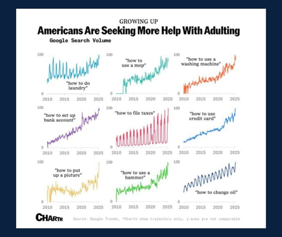 Multiple line-graph charts showing the increase from 2010 to 2025 in the use of Google searches for basic life skills such as how to hang up a picture or how to use a credit card.
