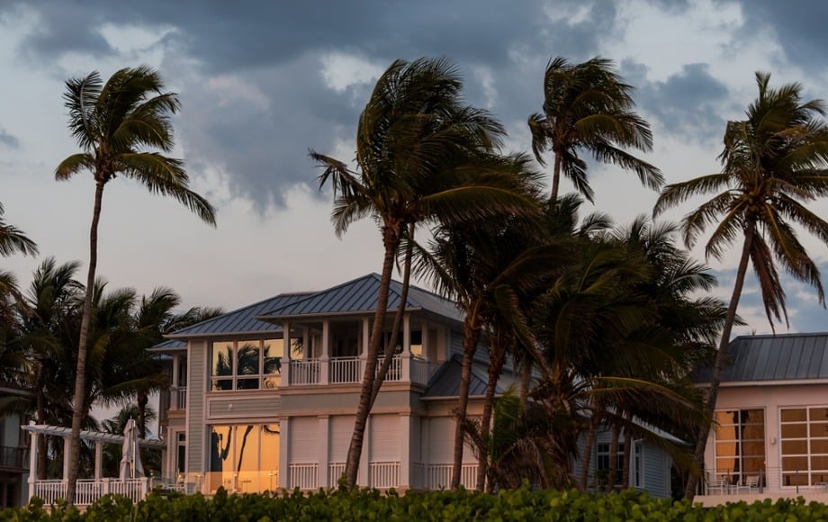 two story home with palm trees blowing in the wind