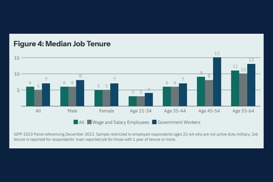 Bar graph comparing median job tenure by worker type and age; government workers have the longest tenure, reaching 15 years among ages 45 to 54.  