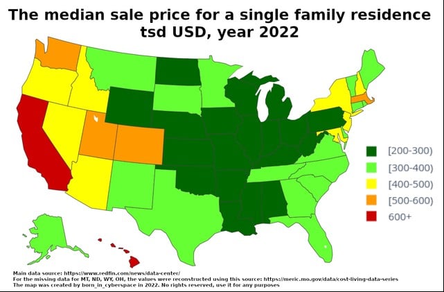 Chart shows a map of the United Stated marked by state with the following colors based on price: dark green, light green, yellow, orange and red. Florida is light green in the 300 - 400 range