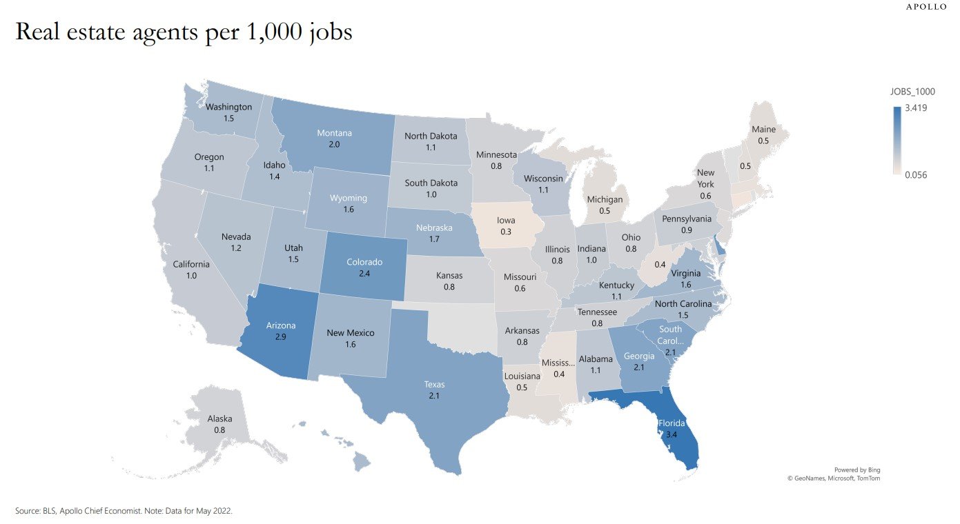 Charts show number of realtors per 1,000 jobs divided by state