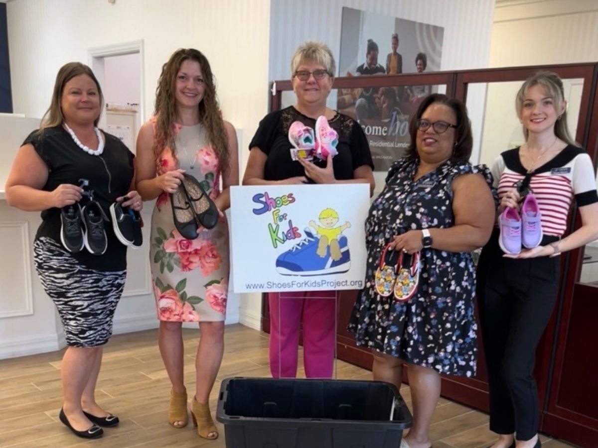 Charlotte County Crews Bank & Trust locations are serving as collection points for Shoes for Kids. Peachland branch team members, from left: Kristen Scheid, Personal Banker; Sara Perri, Retail Banking Officer; Monica Buelow, Teller Specialist; Lucy Lowe-Stewart, Personal Banker; and Peyton Stanton, Lead Teller.