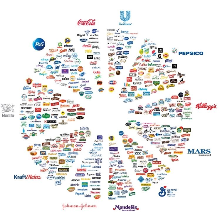 Top 11 companies listed in the chart: Coca-Cola, Unilever, Pepsico, Kellogg's, Mars, General Mills, Mondelez, Johnson-Johnson, KraftHeinz, Nestle, P&G