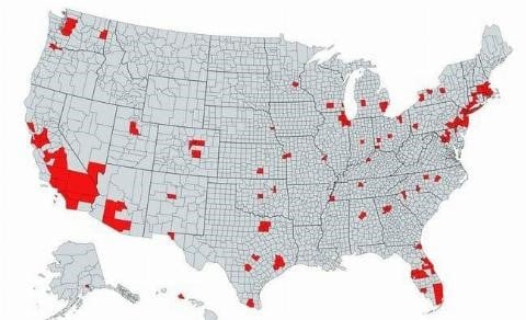 highly populated areas indicated in red, areas with lower population in grey