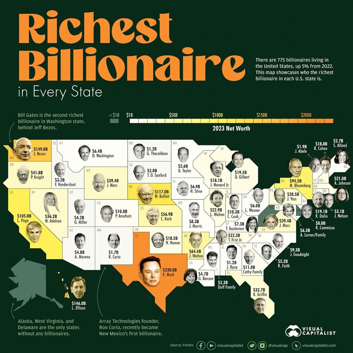 map of US with corresponding billionaire for each 