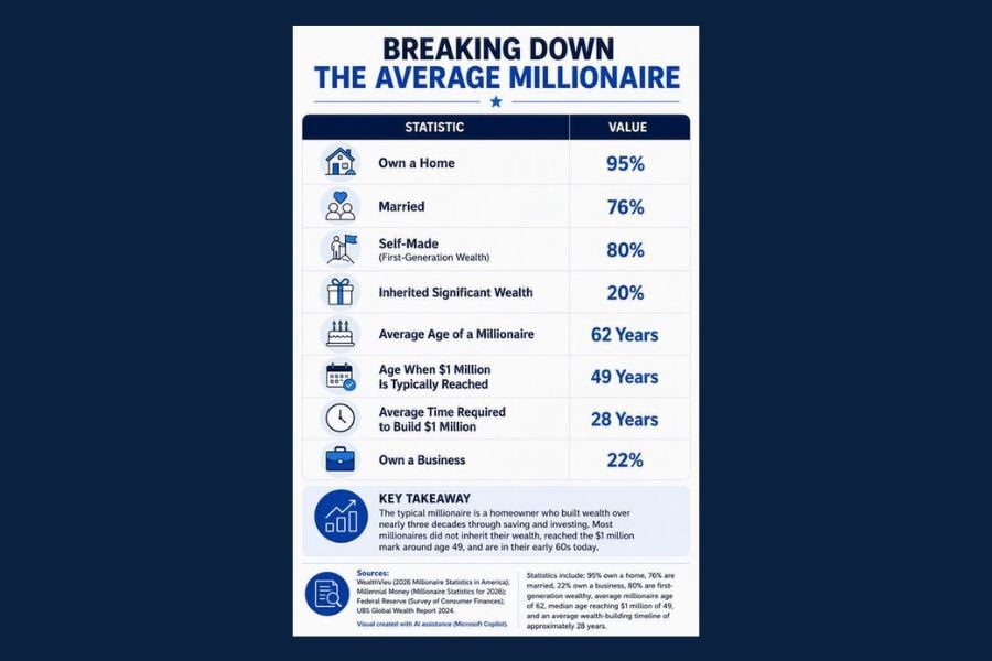 Infographic showing characteristics of the average millionaire, including homeownership, self-made wealth, age milestones, and time required to reach $1 million.