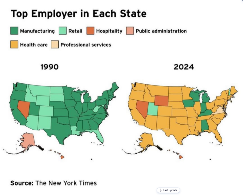  Two maps of the US showing the change in Top Employer by state from 1990 to 2024.