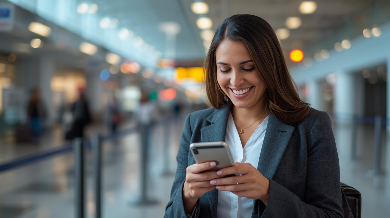Smiling young business woman in an airport doing banking on her cellphone.
