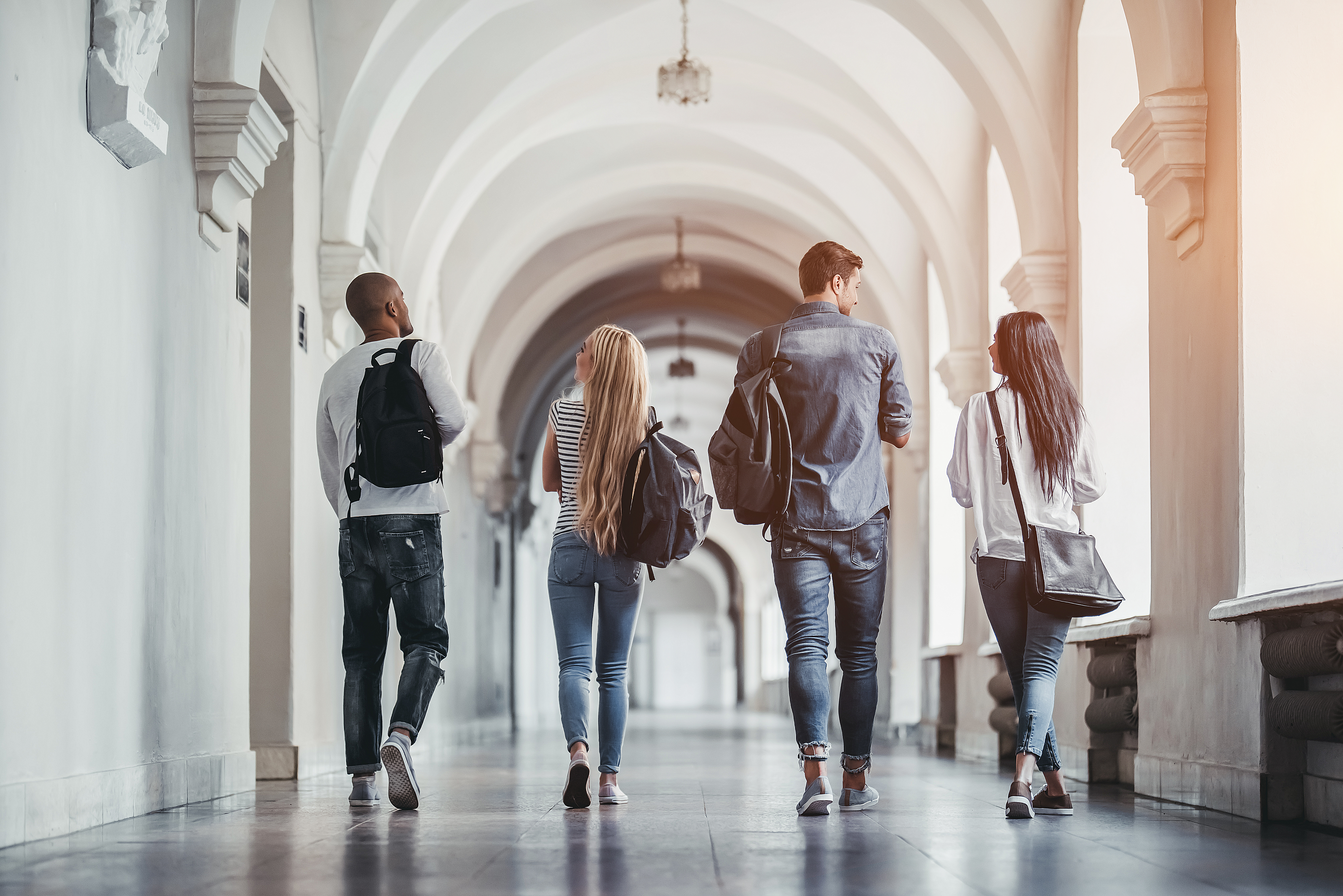 four young adults walking away from the camera