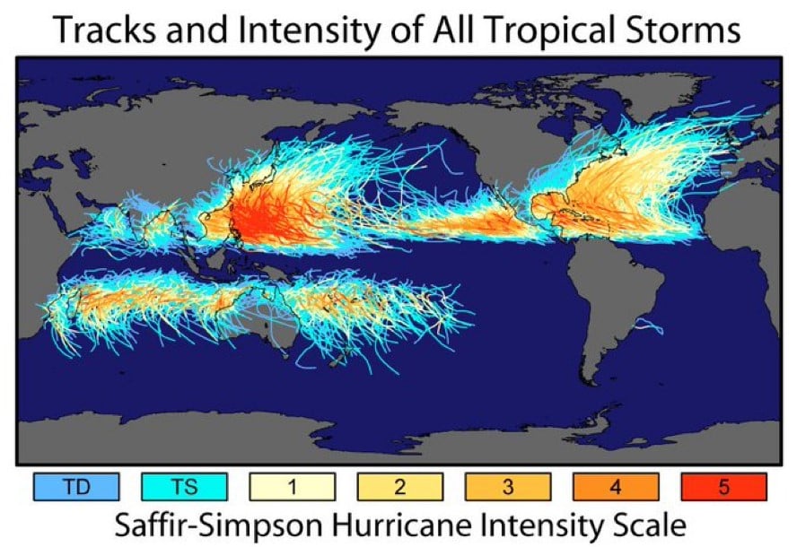 world map shown with multicolored lines representing hurricane formation and trajectory