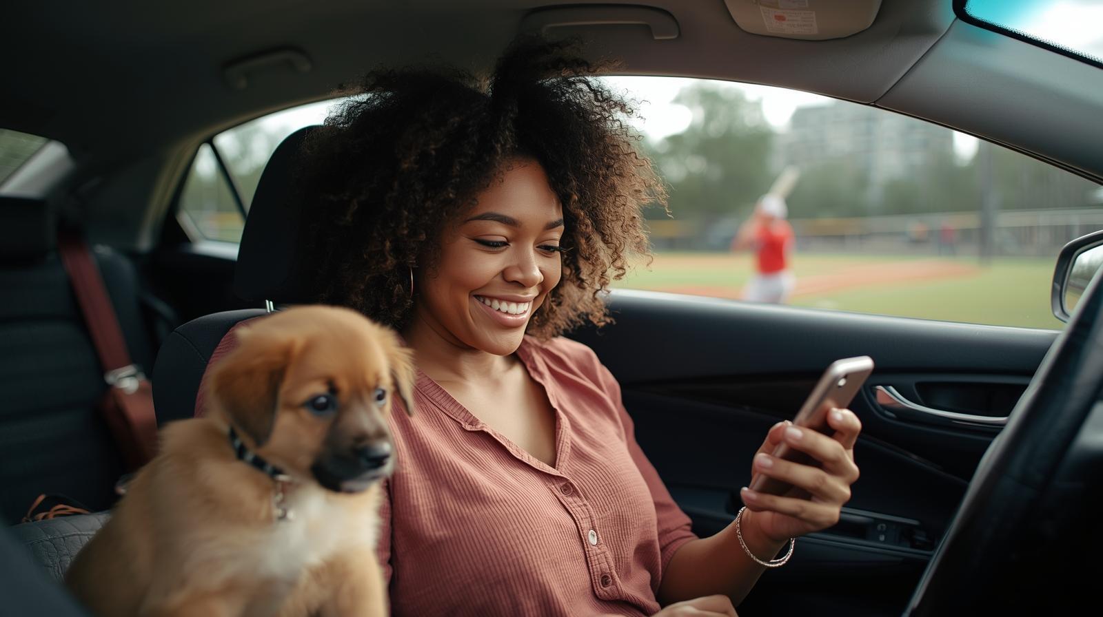 Young black mom with a new puppy sitting in her car paying bills on her phone with her son at baseball practice in the background